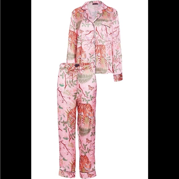 Karen Mabon Tiger Blossom Print Pajama Set Womens Small Anthropologie Top Bottom - Picture 1 of 16